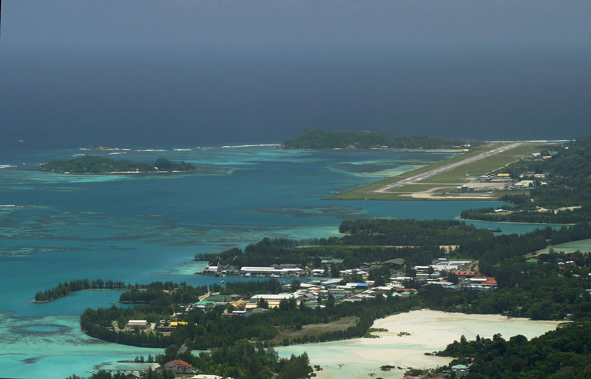 The runway at Mahé airport and the lagoon beside it, from the air