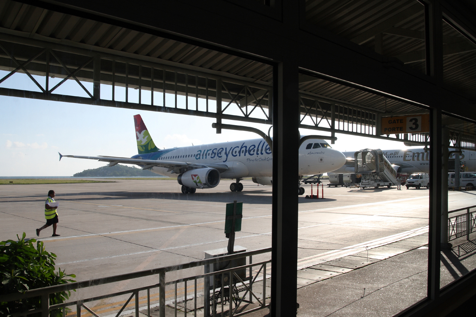 The covered walkway at Seychelles International.