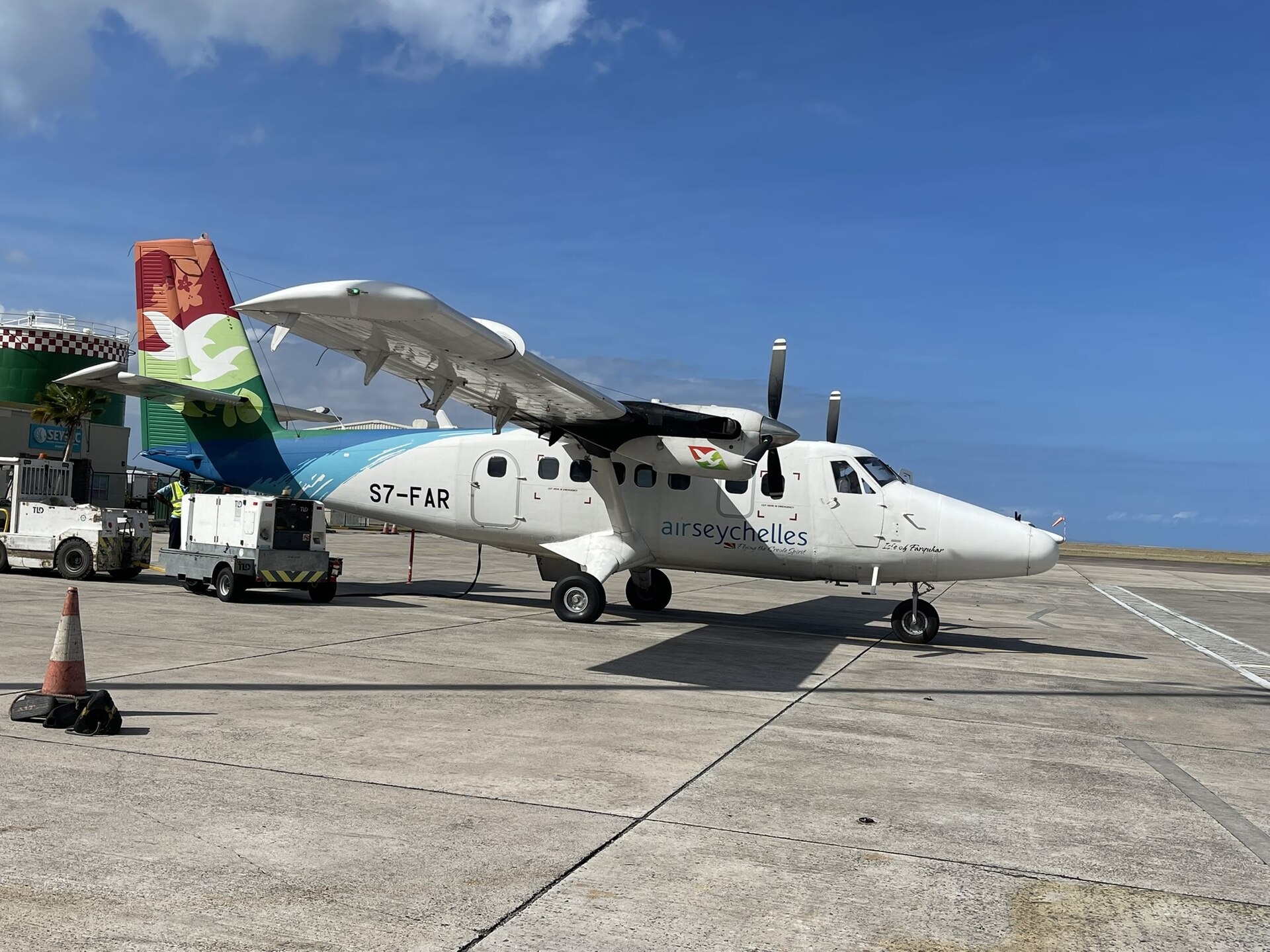 An Air Seychelles DHC-6 Twin Otter, registration S7-FAR, on the apron