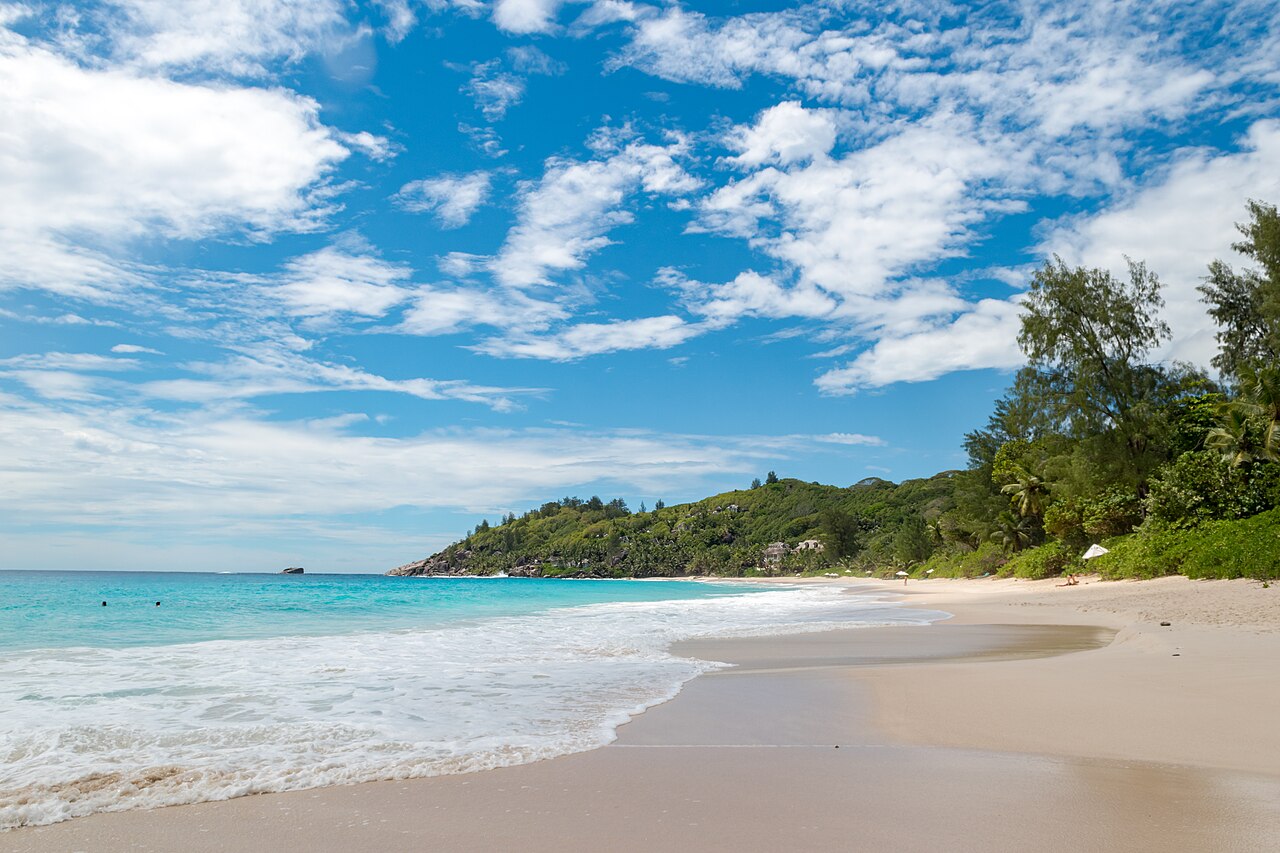 White water running the whole length of the beach at Anse Intendance on the south coast of Mahé.