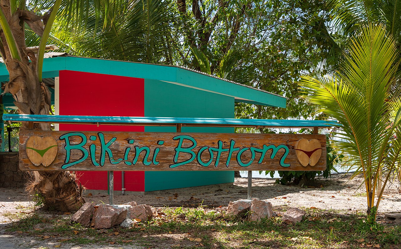 The Bikini Bottom beach kiosk under the trees at Anse Sévère on La Digue.