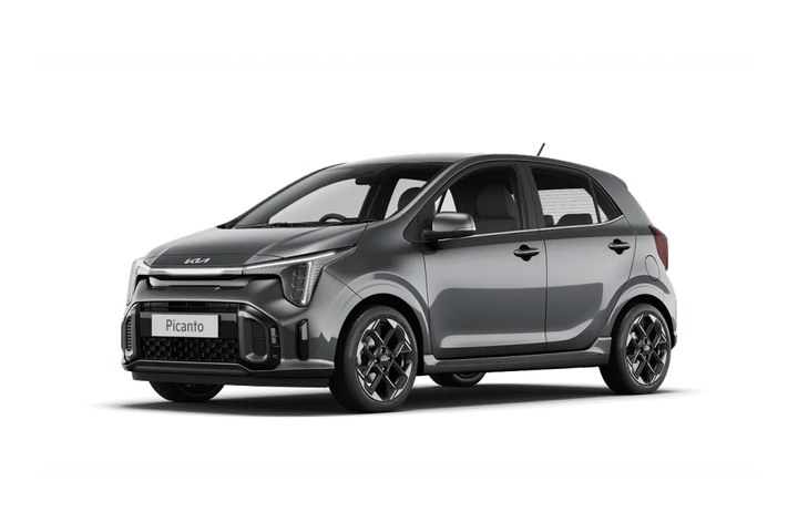 Grey Kia Picanto hatchback, front three quarter view on a plain studio ground