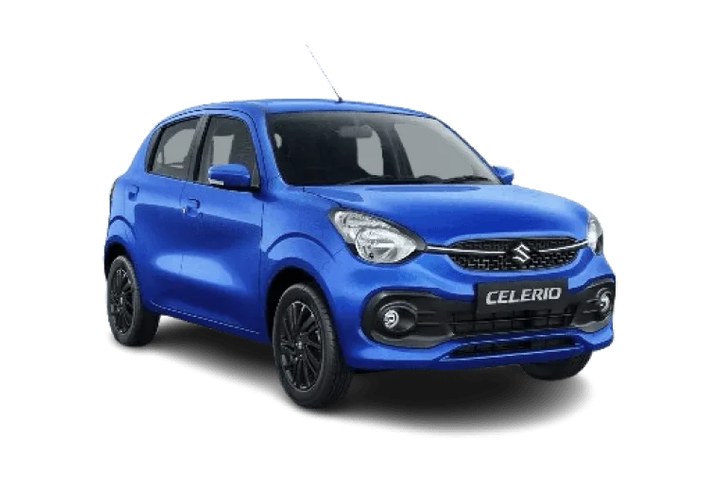 Blue Suzuki Celerio hatchback, front three quarter view on a plain studio ground