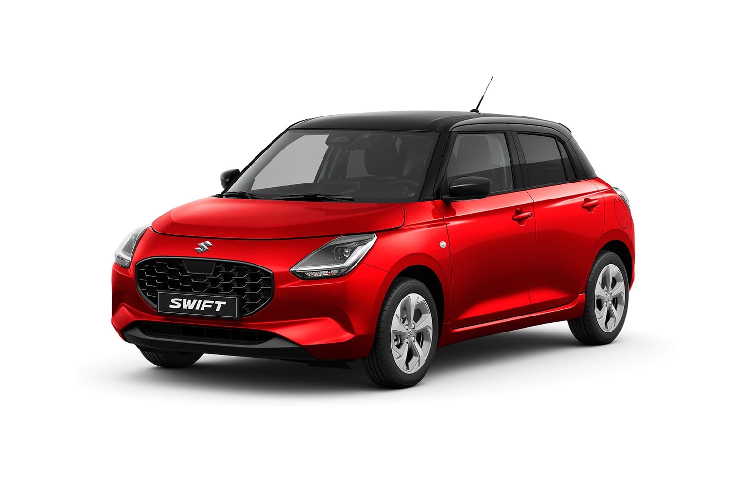 Red Suzuki Swift hatchback with a black roof, front three quarter view on a plain studio ground