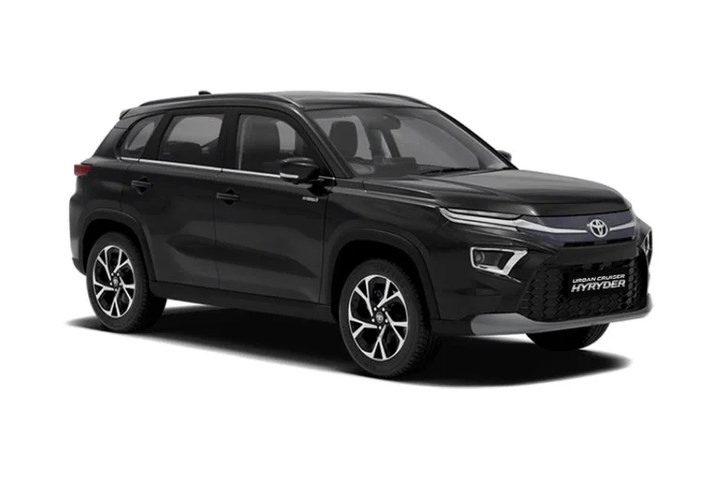 Black Toyota Urban Cruiser compact SUV seen from the rear three quarter on a plain studio ground