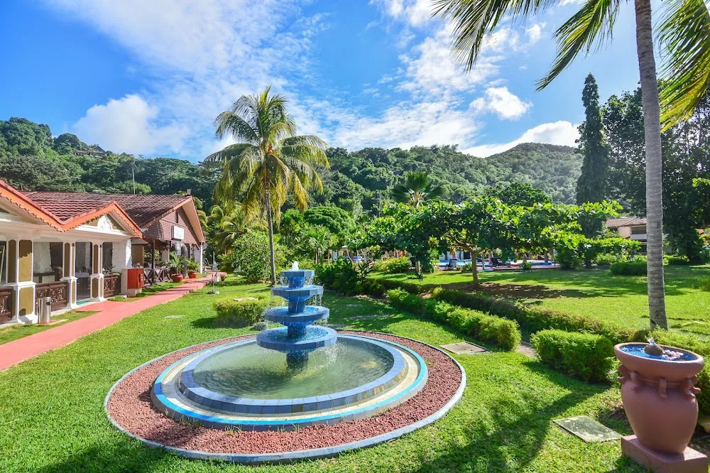 Berjaya Praslin Resort, Praslin. A view of the pool.