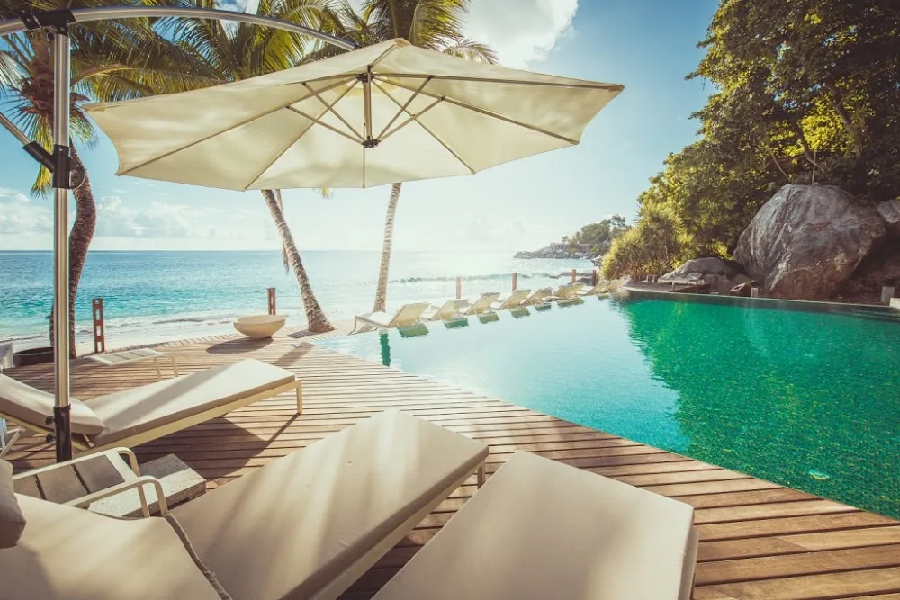 Carana Beach Hotel, Mahé. A view of the beach.