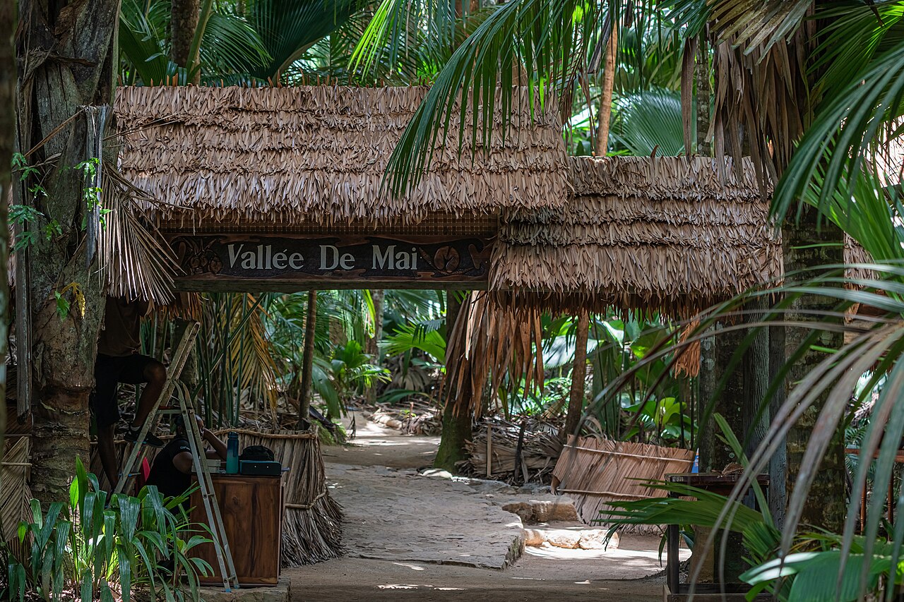 The carved entrance gate of the Vallée de Mai on Praslin.