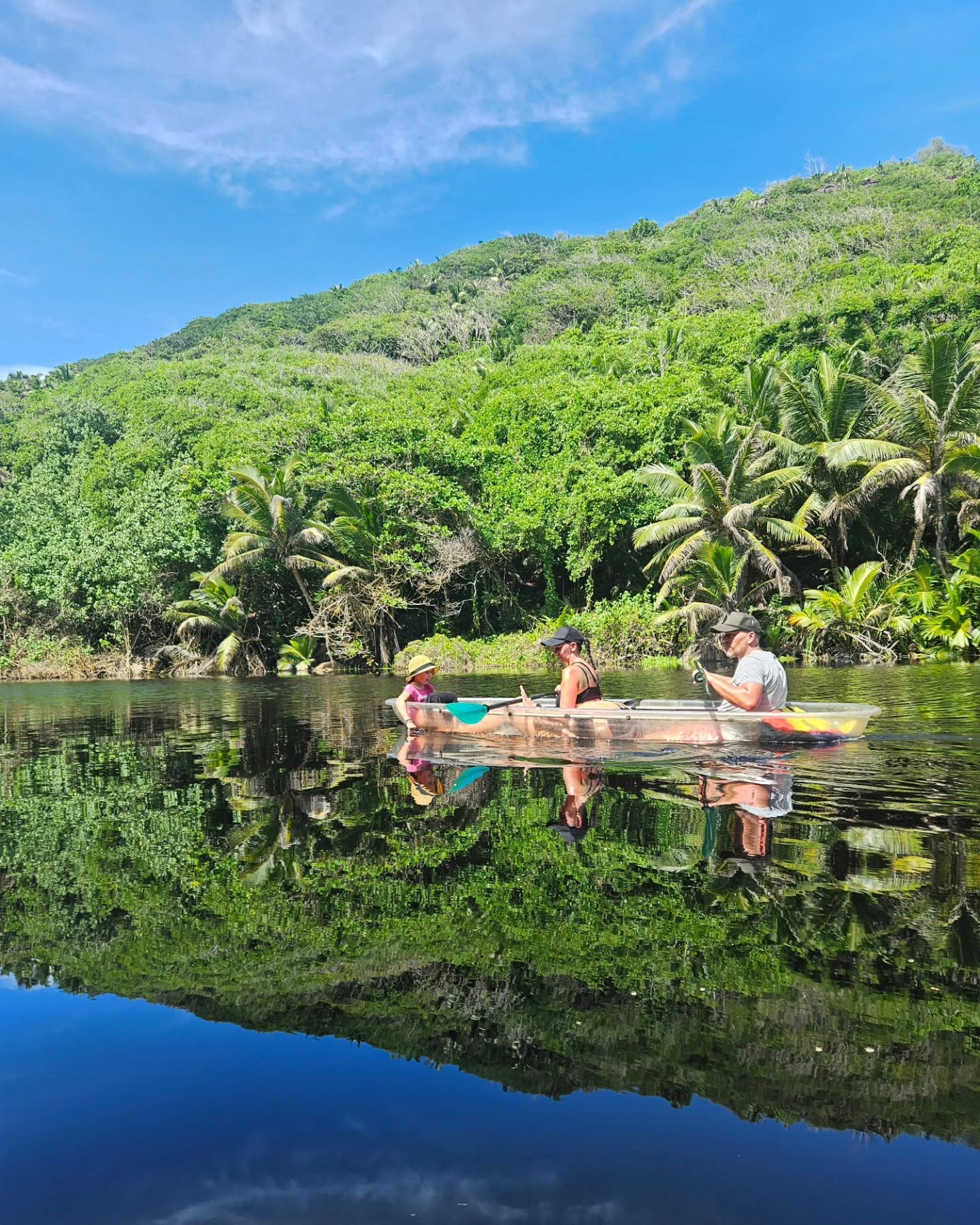 Couple in a clear kayak on the still wetland