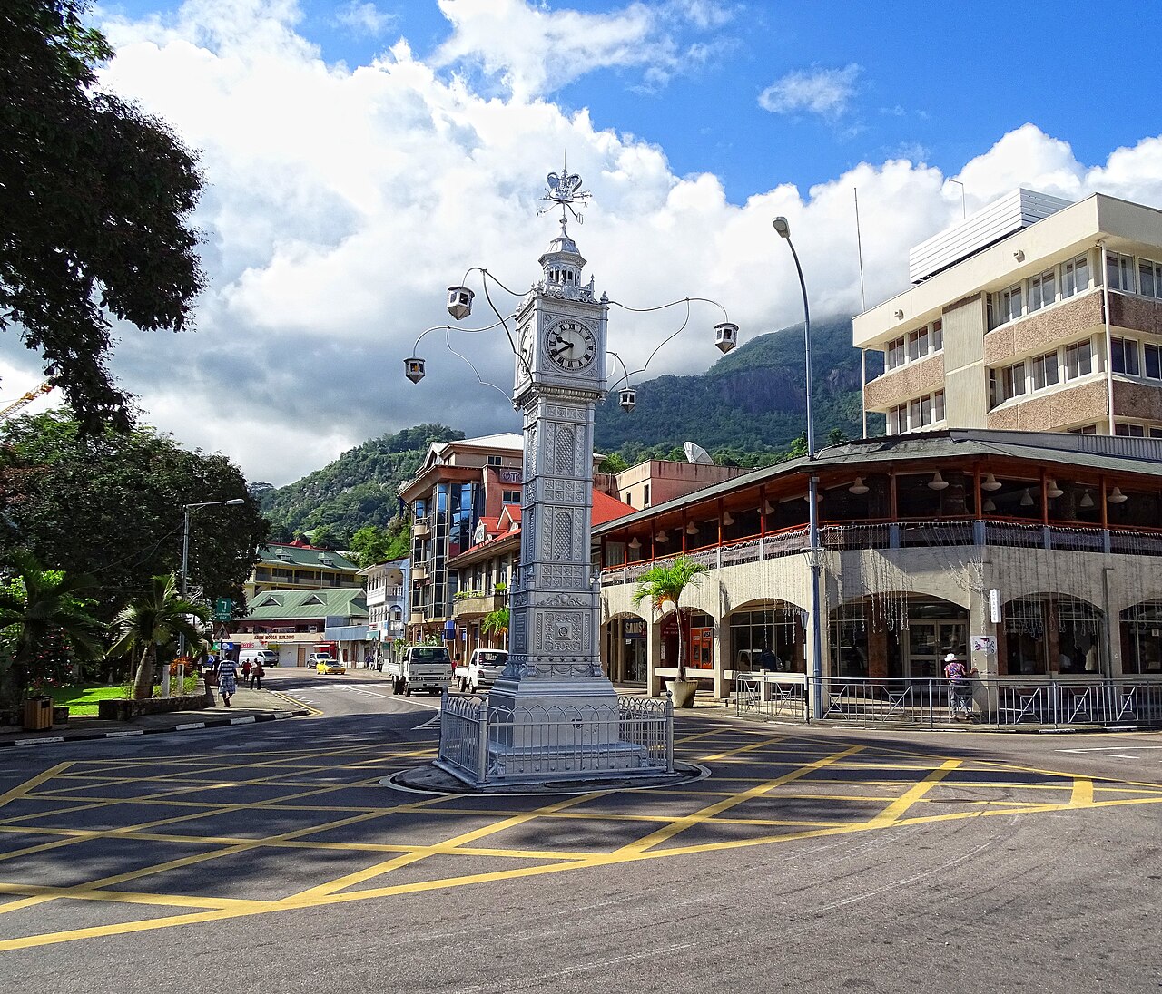 The Victoria clock tower and the shops around it.