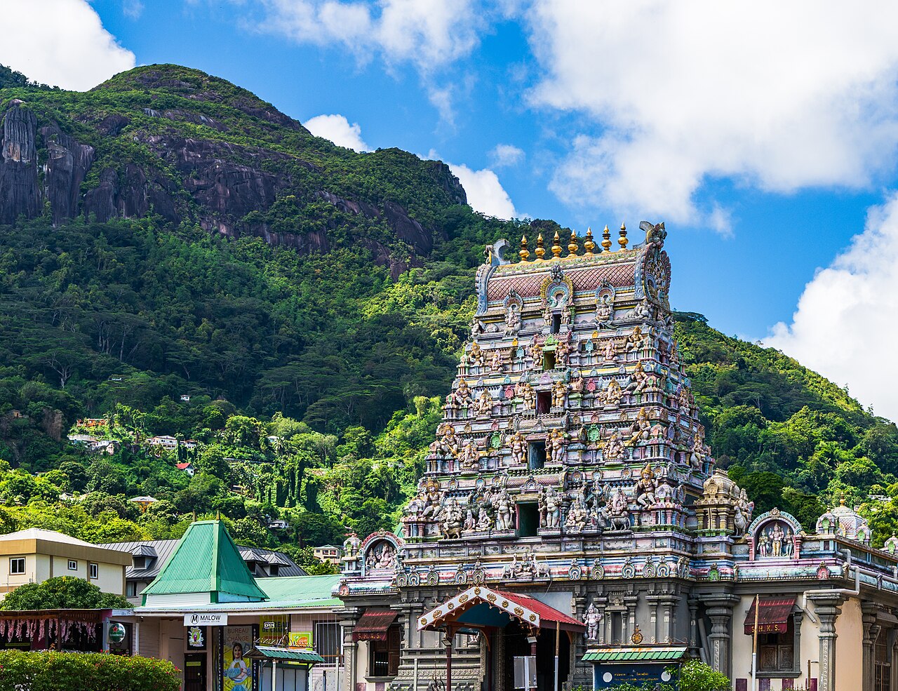 The gopuram of the Arul Mihu Navasakthi Vinayagar temple in Victoria.