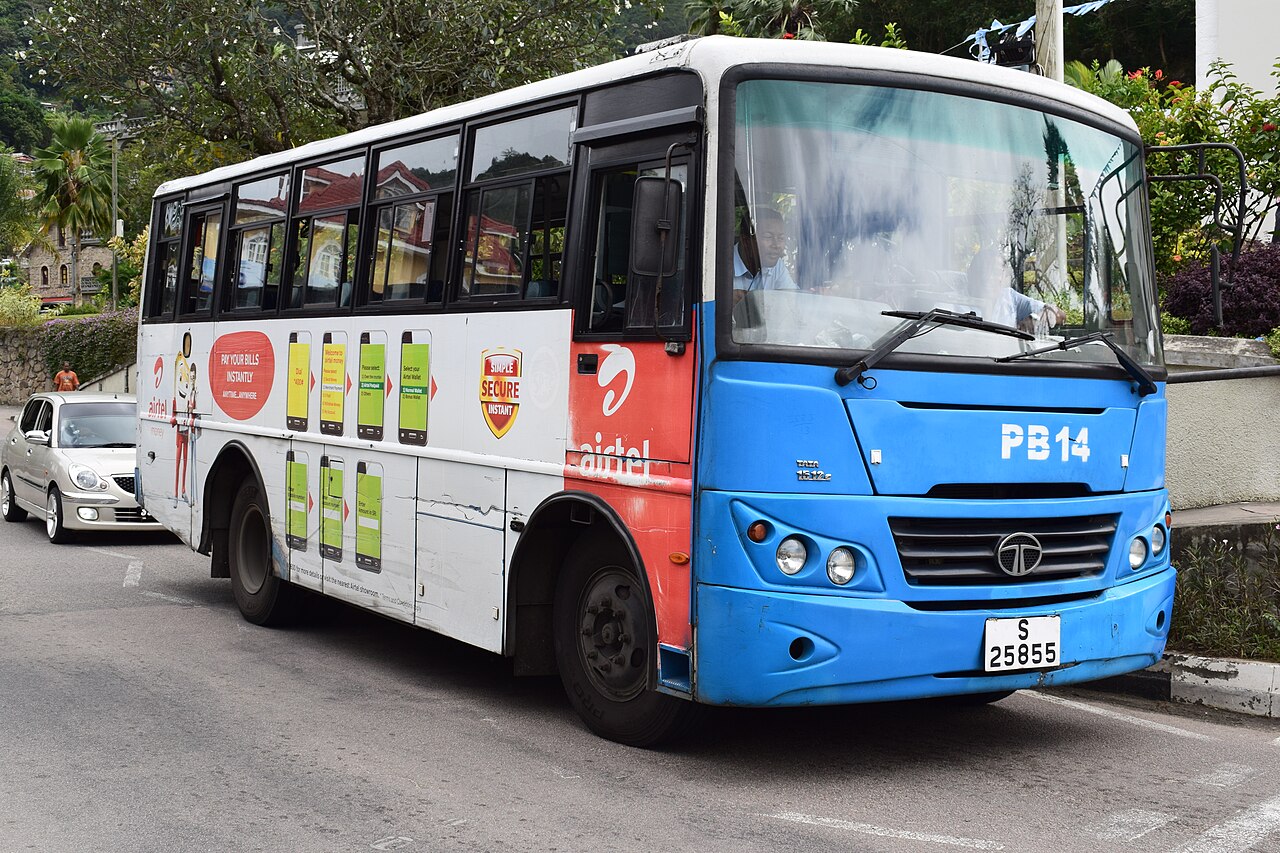A Tata bus in Victoria carrying an advertisement for Airtel along its side.