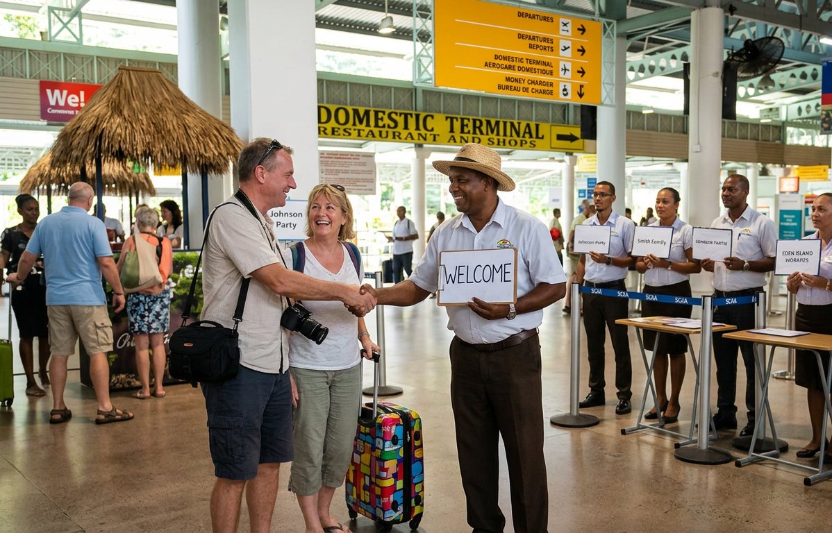 A driver in a straw hat holding a welcome board shakes hands with a couple and their luggage in the arrivals hall, other drivers waiting with name boards